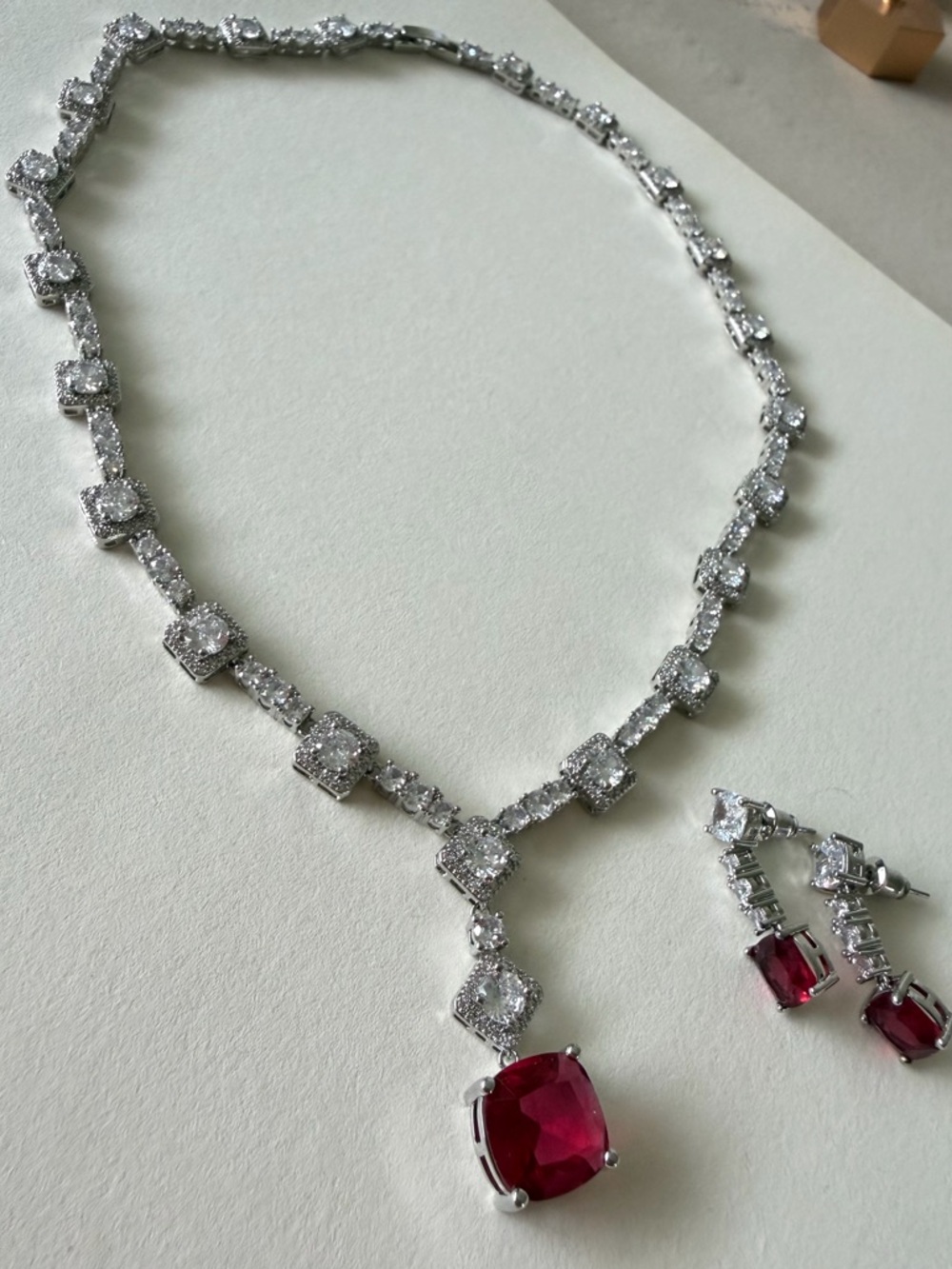 Elegant Silver Necklace and Ruby Drop Earrings - White and Red
